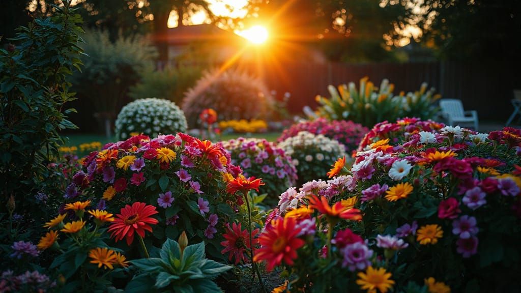 Lush Garden at Golden Hour with Muted Pastels
