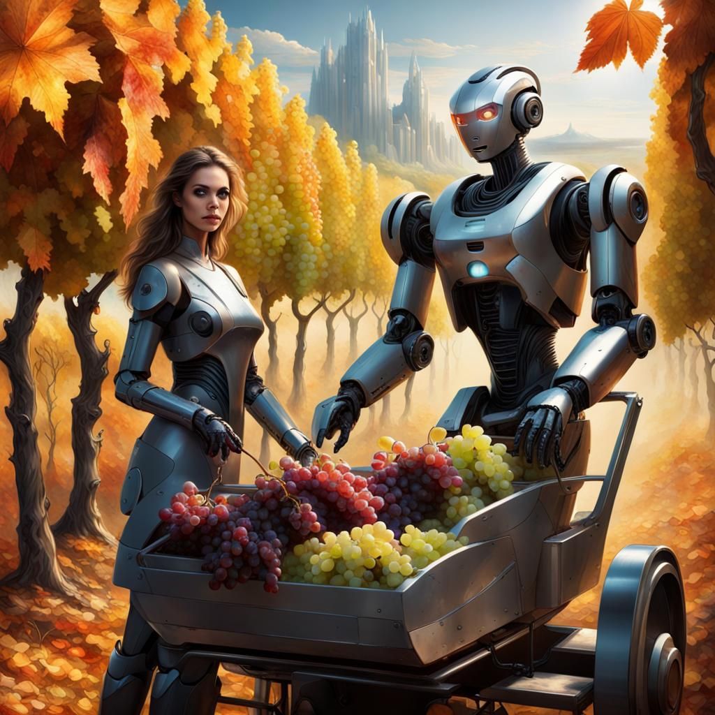 Futuristic Autumnal Grape Harvest Scene