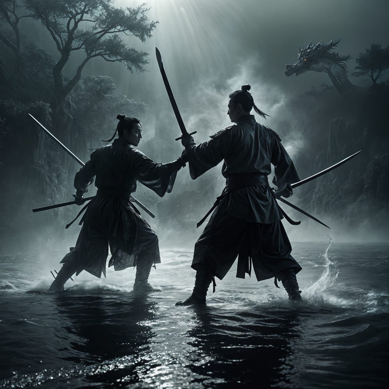 Ancient Chinese Warriors Battle on Lake Surface in Monochrom...