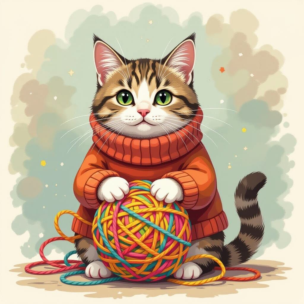 Curious Cat in Sweater with Colorful String