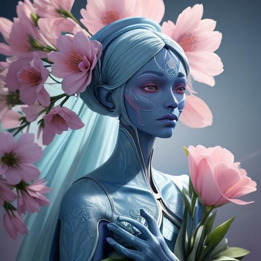 Ethereal Alien Figure Amidst Vibrant Blooms in a Fantastical...