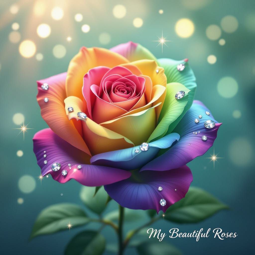 Rainbow Rose with Diamond Droplets in Dreamy Bokeh