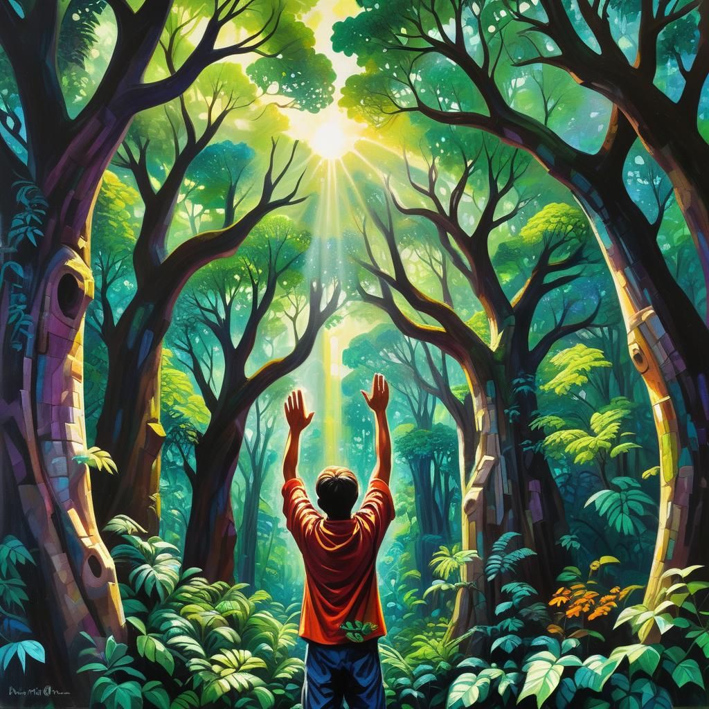 Jungle Prayer: Neo-Impressionist Expressionist Oil Painting
