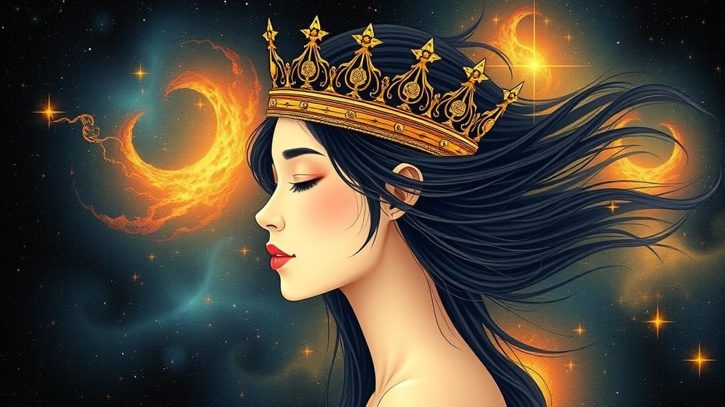 Asian Woman in Cosmic Crown with Nebula Hair