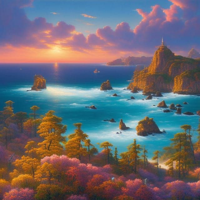 Hyperrealistic Seascape Painting at Sunrise in Art Deco Styl...