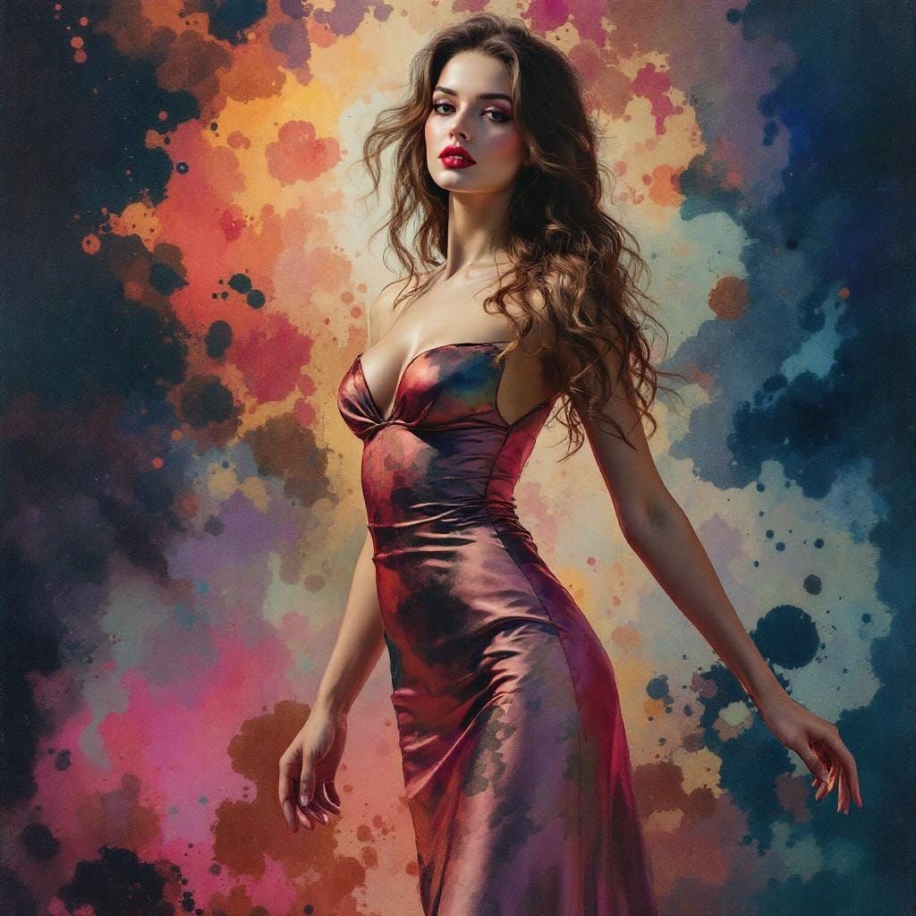 Pin-Up Woman in Watercolor Bleed, Atmospheric Tonalism