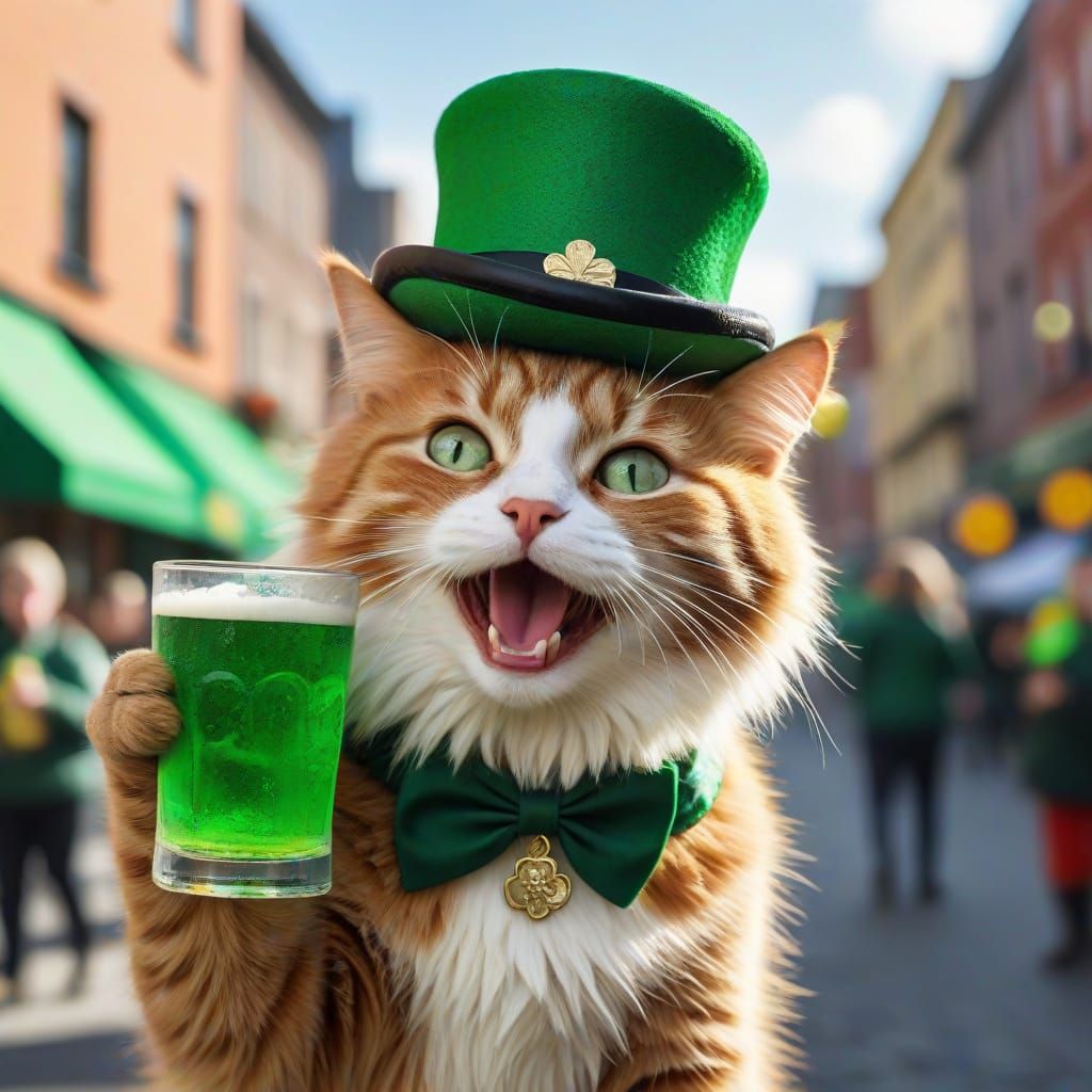 Happy St. Patrick's Day Cat in Vibrant City