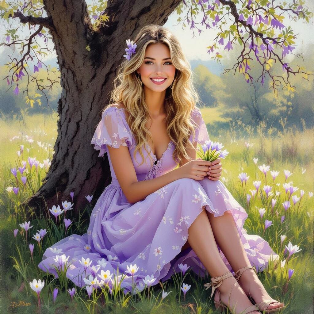 Blonde Woman in Lilac Dress with Crocuses, Oil Painting