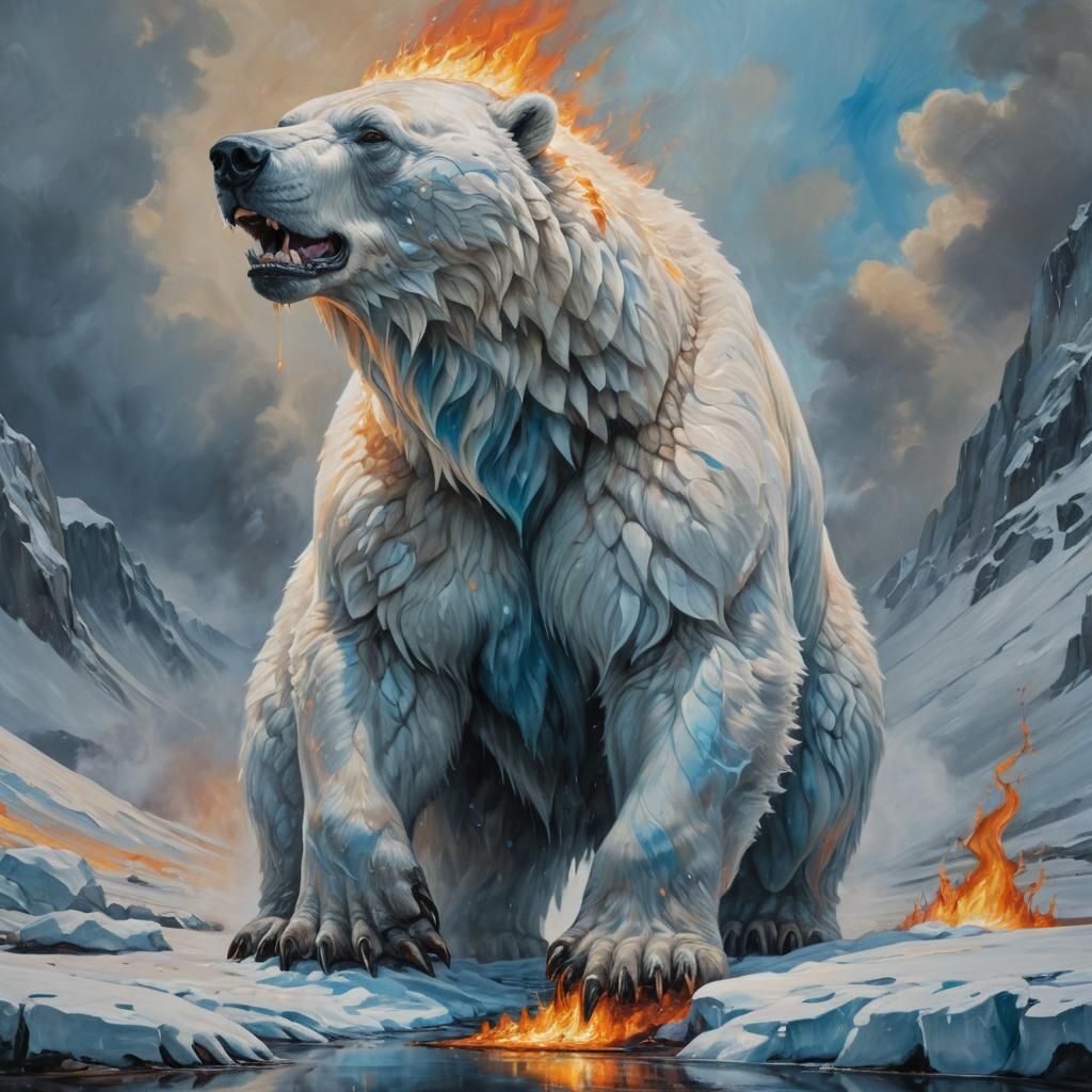 Fiery Ice Bear: A Surreal Oil Painting