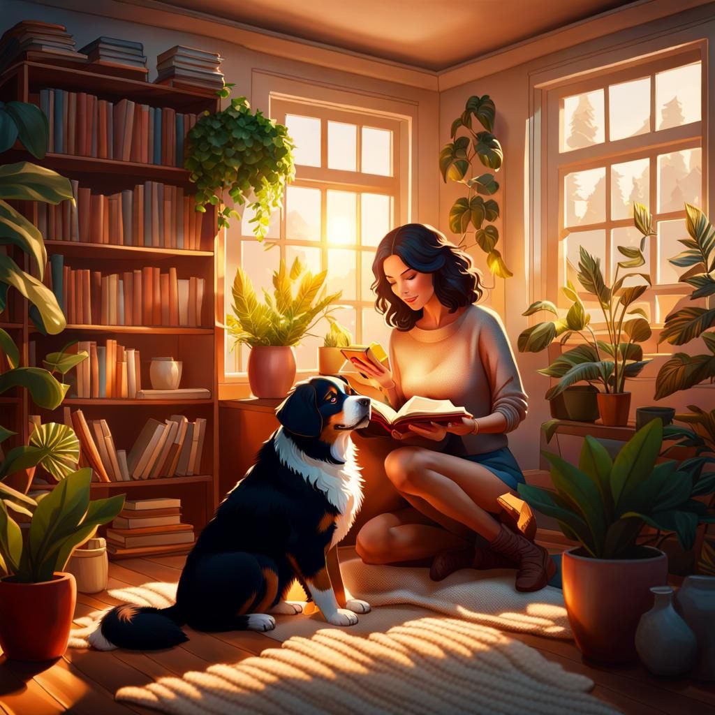 Cozy Room with Woman, Dog, Books, and Plants