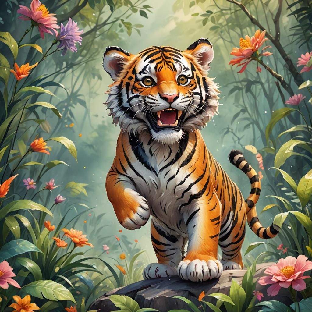 Joyful Tiger Cub Cartoon Watercolor Art