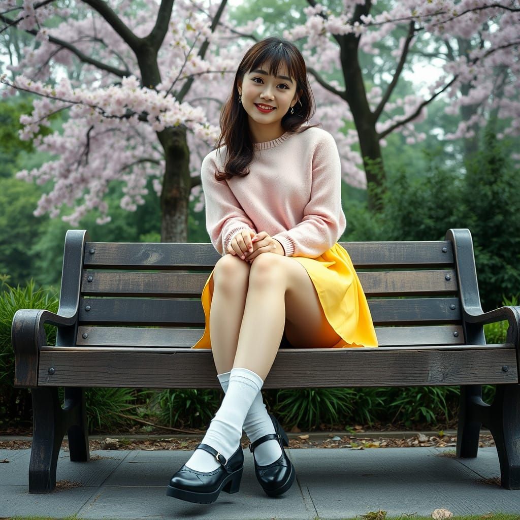 Serene Park Scene with Japanese Actress in Pastel Pink Sweat...