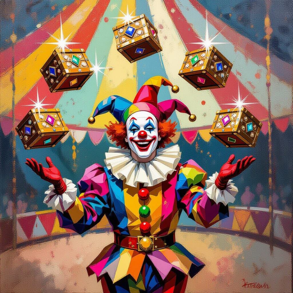 Jester Juggles Treasure Chests in Splash Art Style