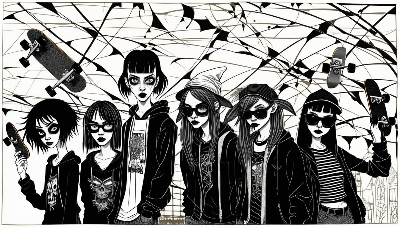 Goth Fairy Skateboarders: Savage Caricature in Alcohol Ink