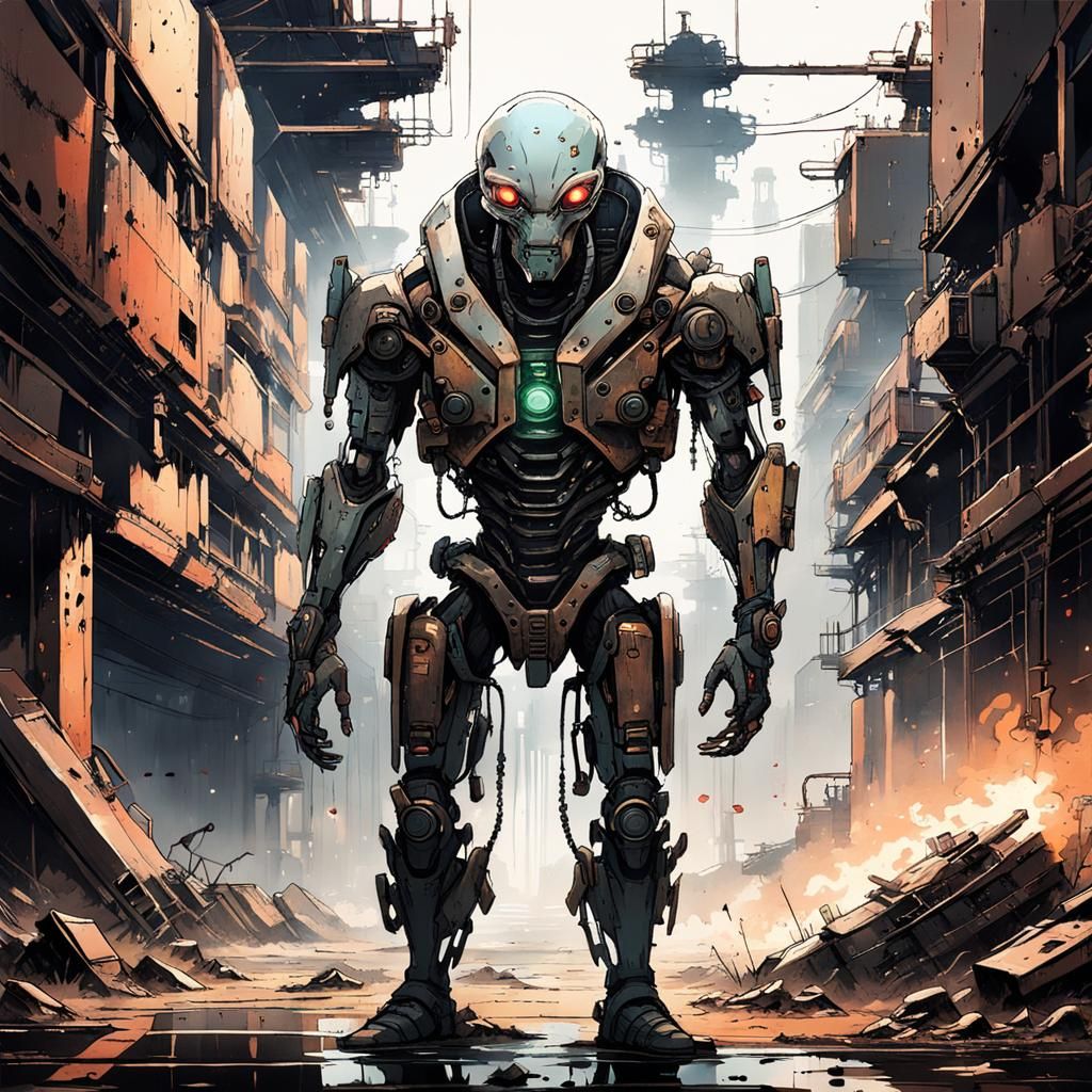 Anime Alien Cyborg in Ruined Sci-Fi Landscape