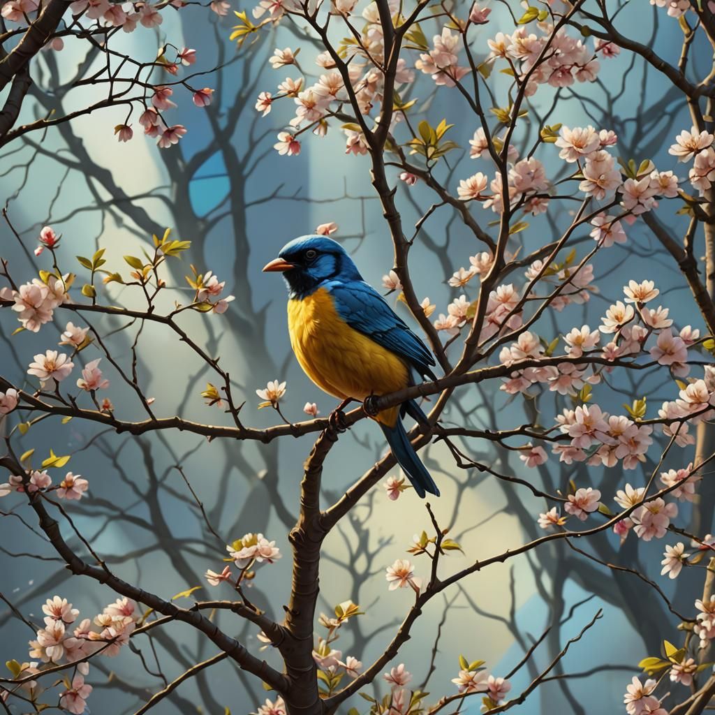 Spring Tree Bird in Geometric Fantasy Style