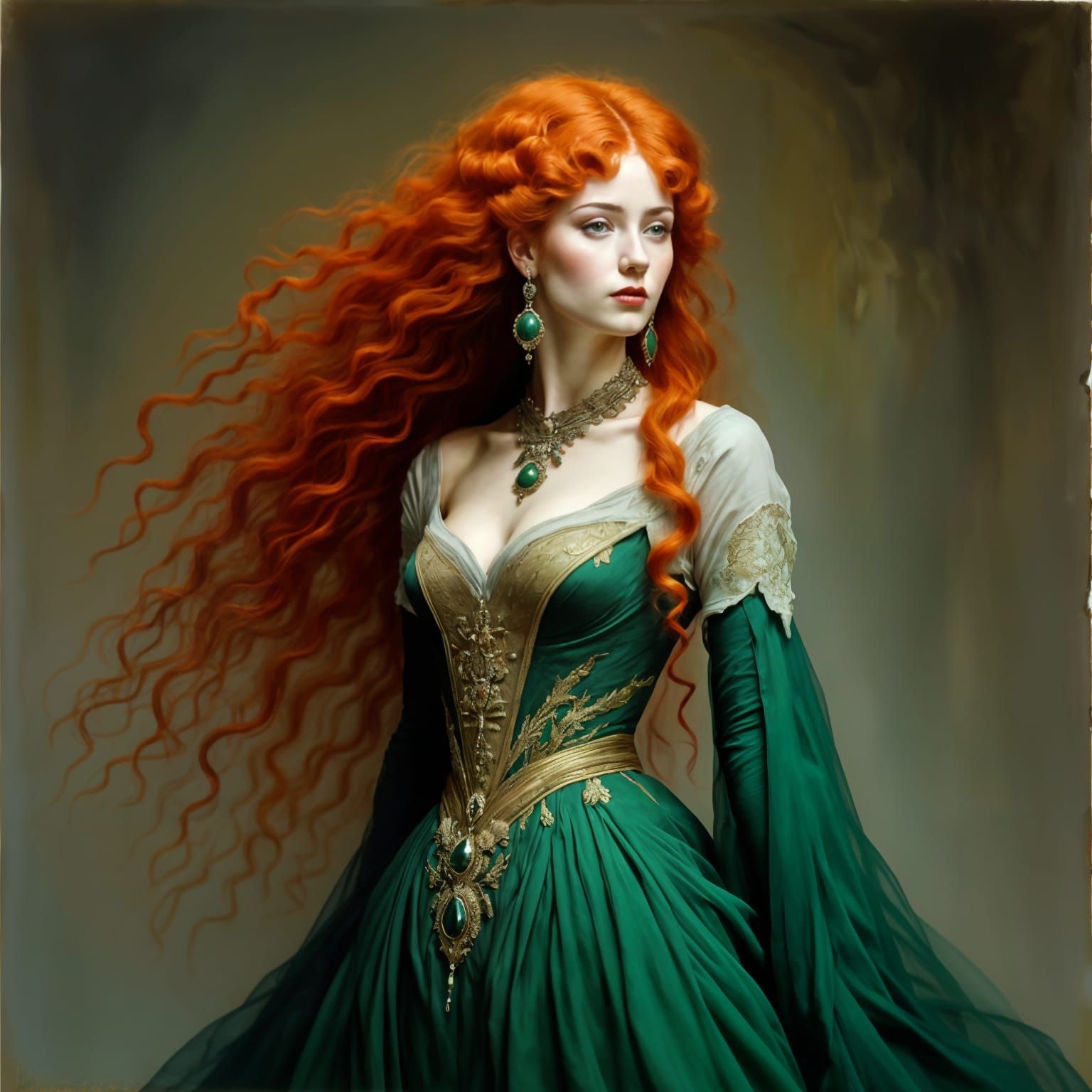 Regal Red-Haired Lady in Emerald Portrait