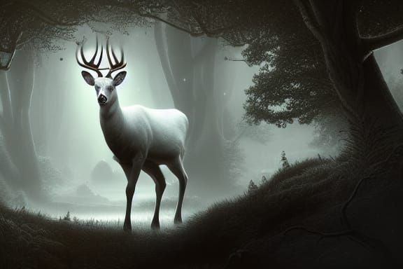Fantastical White Deer in Detailed Matte Painting