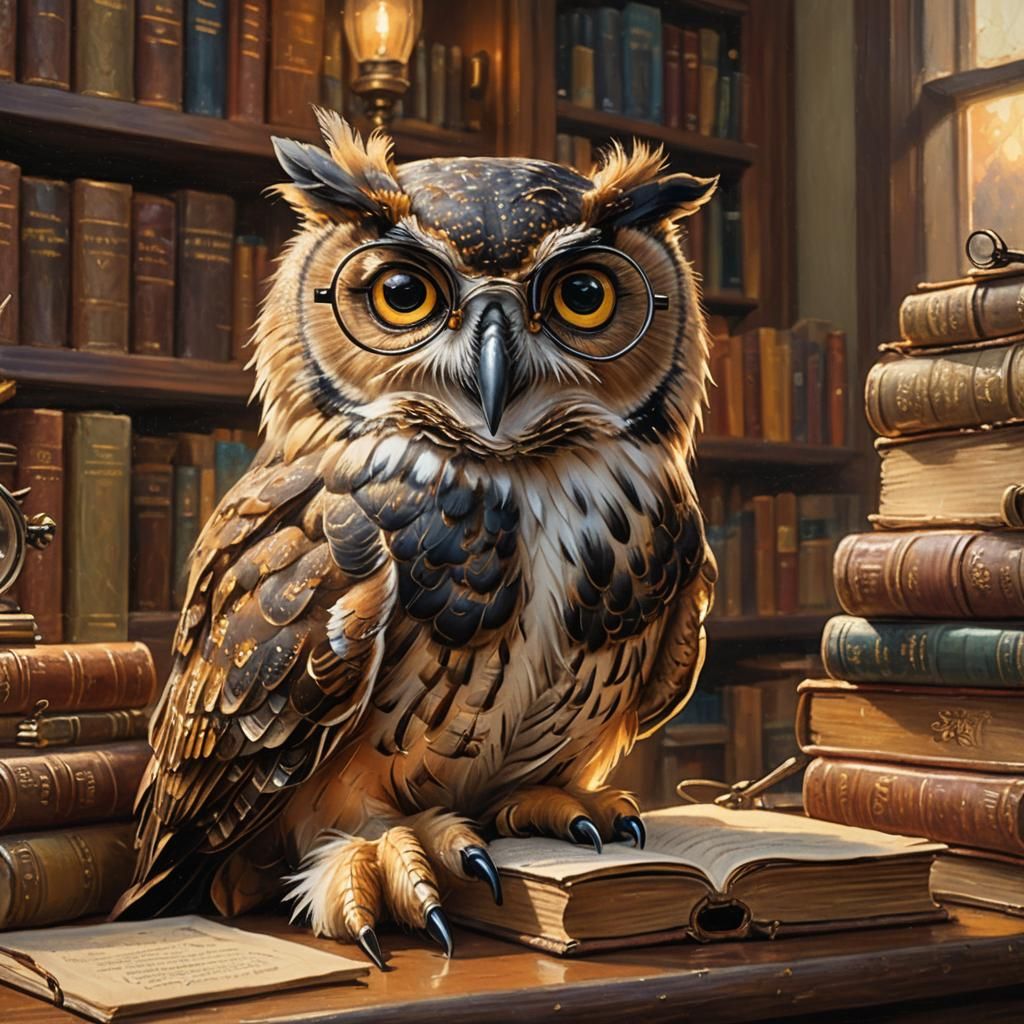 Cozy Library Owl in Kinkade-Inspired Oil Painting