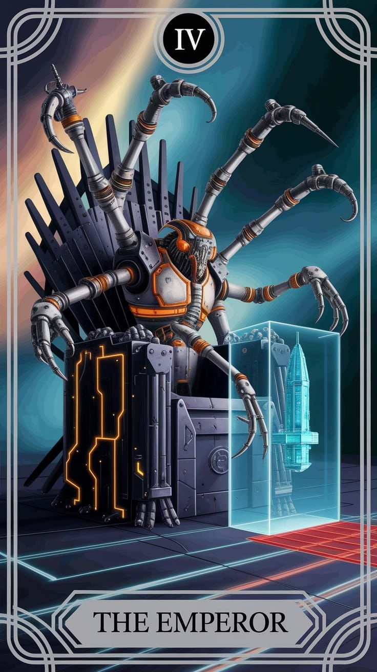 Mechanical Emperor Tarot Card in Abstract Art Style