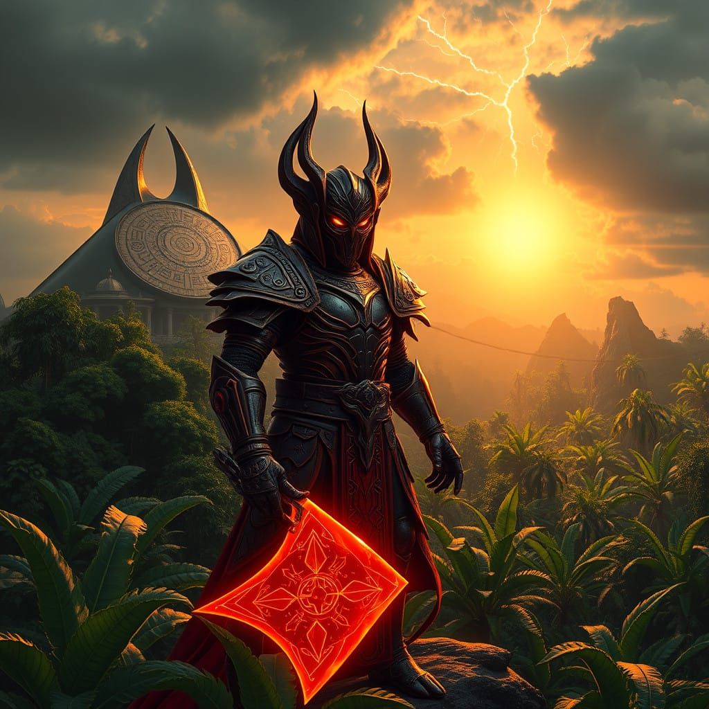 Cyberpunk Warlord Dominates Jungle Landscape in Crimson-Blac...