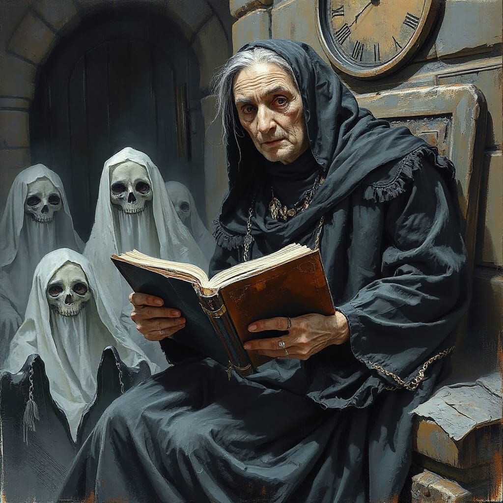 Elderly Sorceress Reading to Ghosts
