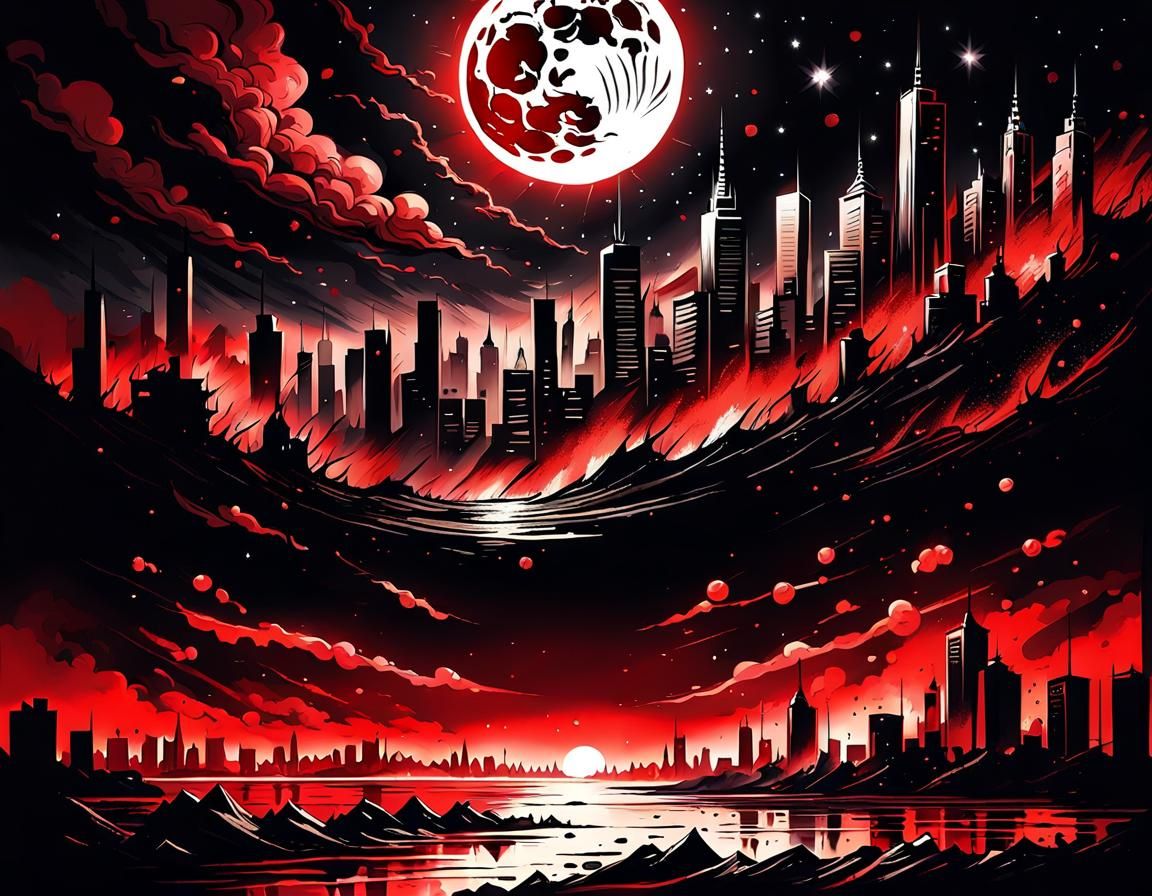 Apocalyptic Cityscape Under Blood Moon in Selective Color