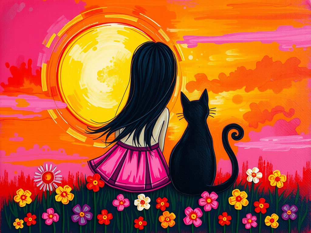 Girl and Cat Admire Colorful Sunset: Impasto Painting