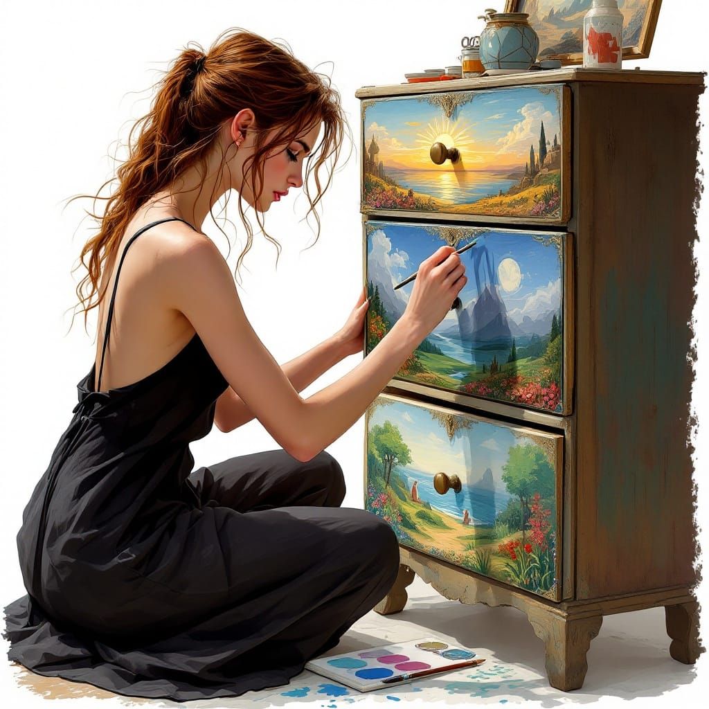 Focused Artist Transforms Dresser into Colorful Art