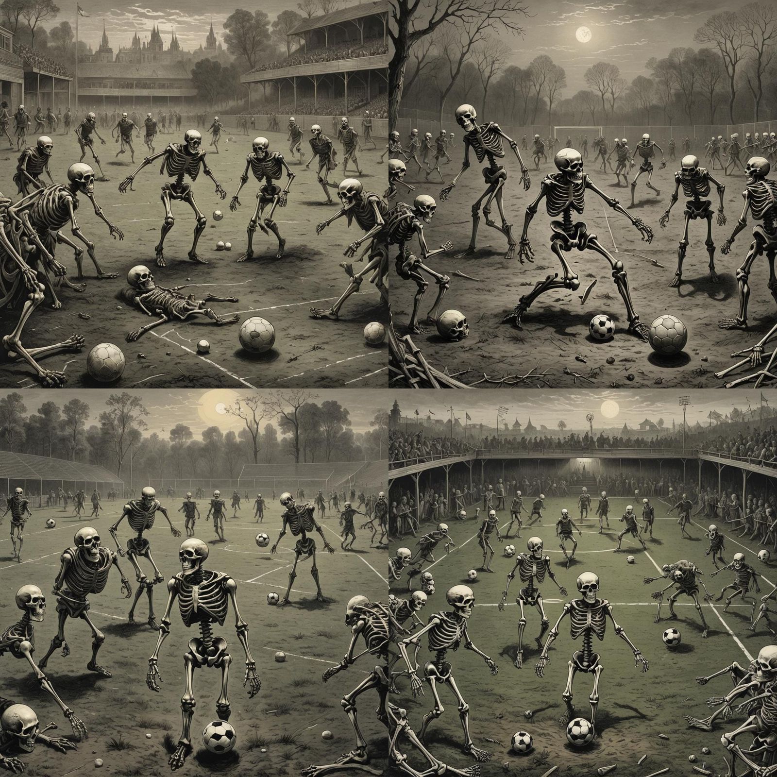 Skeletons Play Soccer in Skull: Horror Illustration