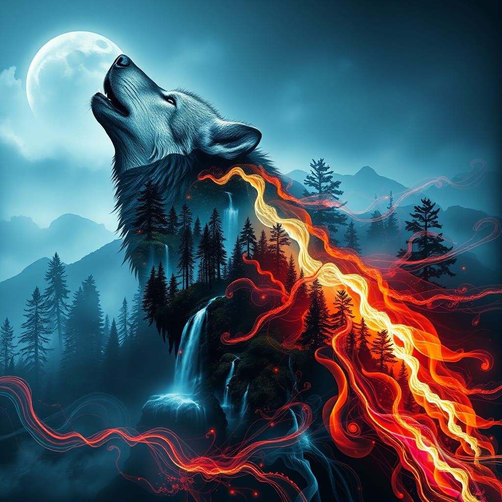 Surreal Wolf Silhouette with Fractal Mountain Forest Landsca...