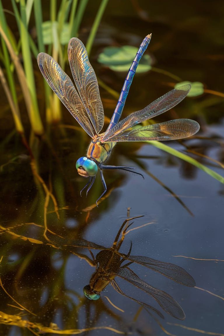Iridescent Dragonfly Shimmers Above Tranquil Pond