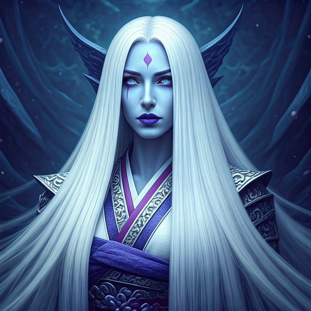 Striking Woman with White Hair in Traditional Attire