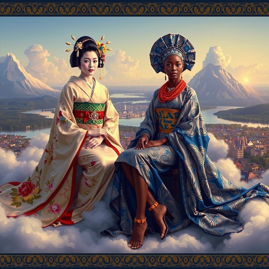 Geisha and Princess Overlook Mountain Town, Pre-Raphaelite S...