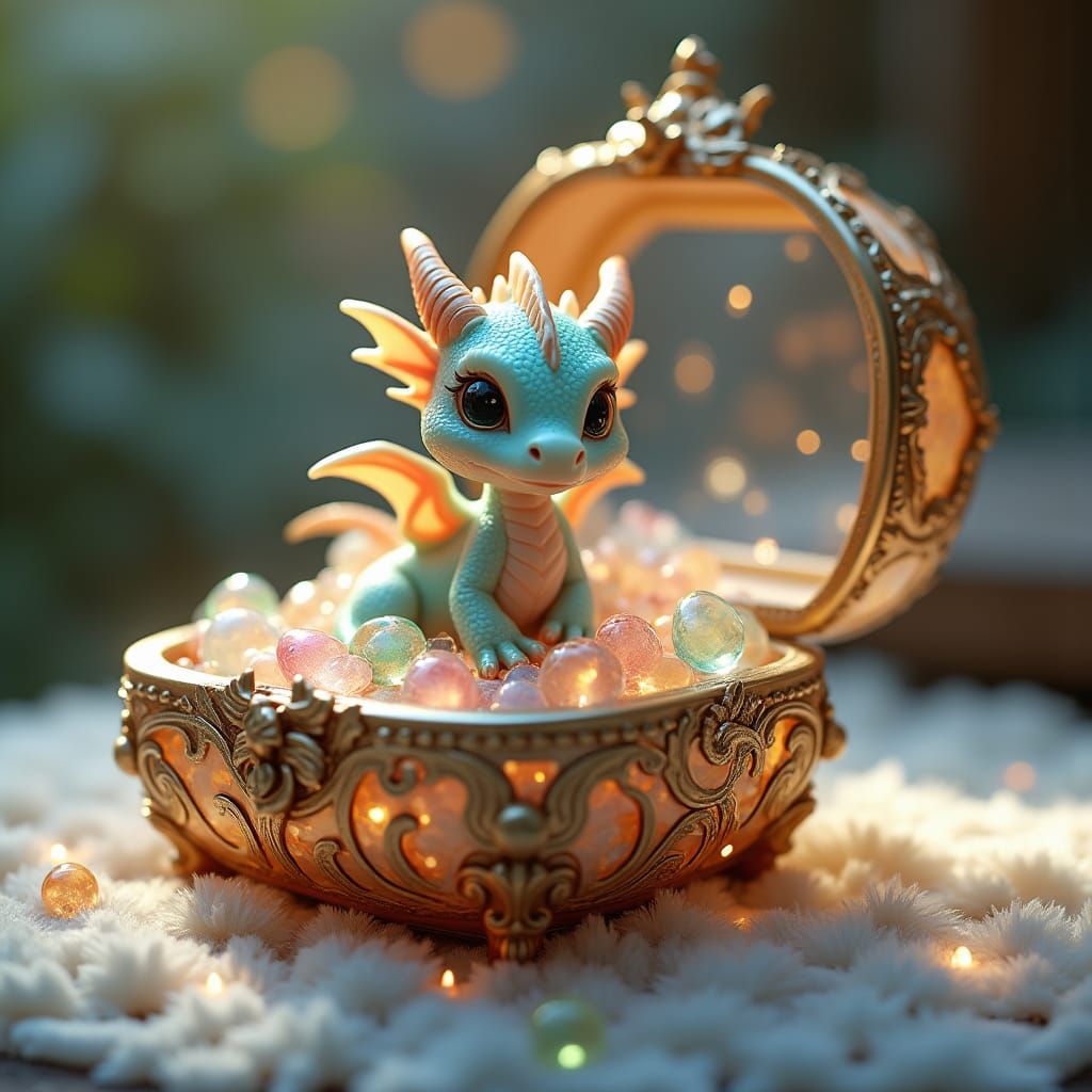 Baby Dragon with Glowing Jewels in Glass Box
