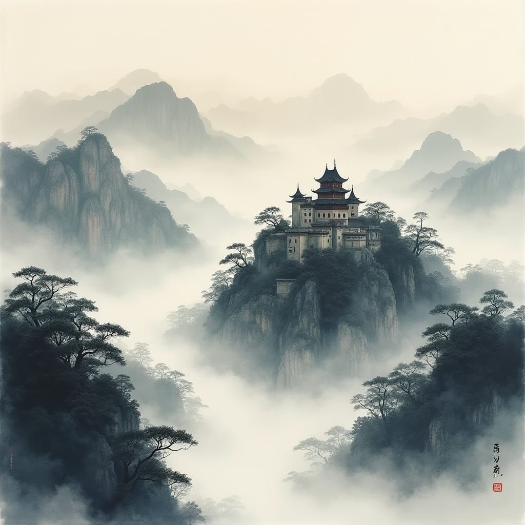 Mystical Chinese Castle Amidst Rolling Hills