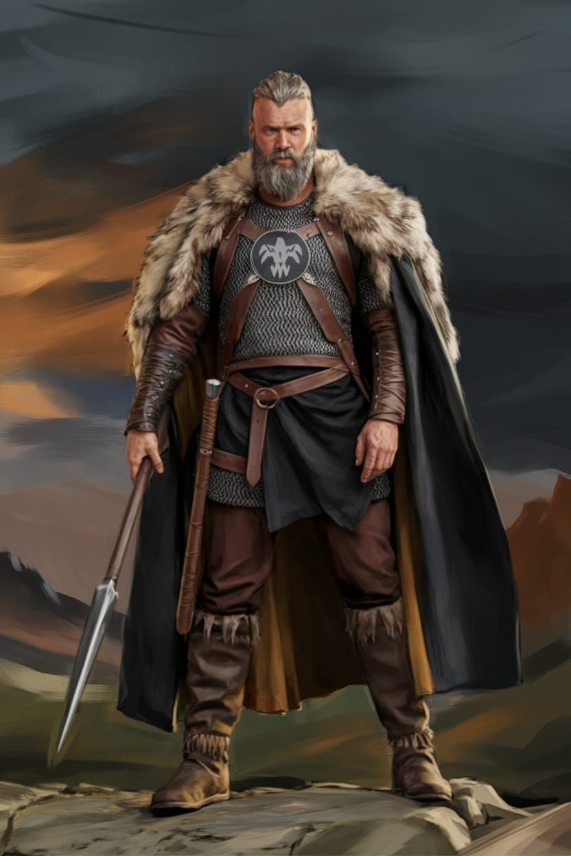 Viking King with Spear on Rocky Landscape