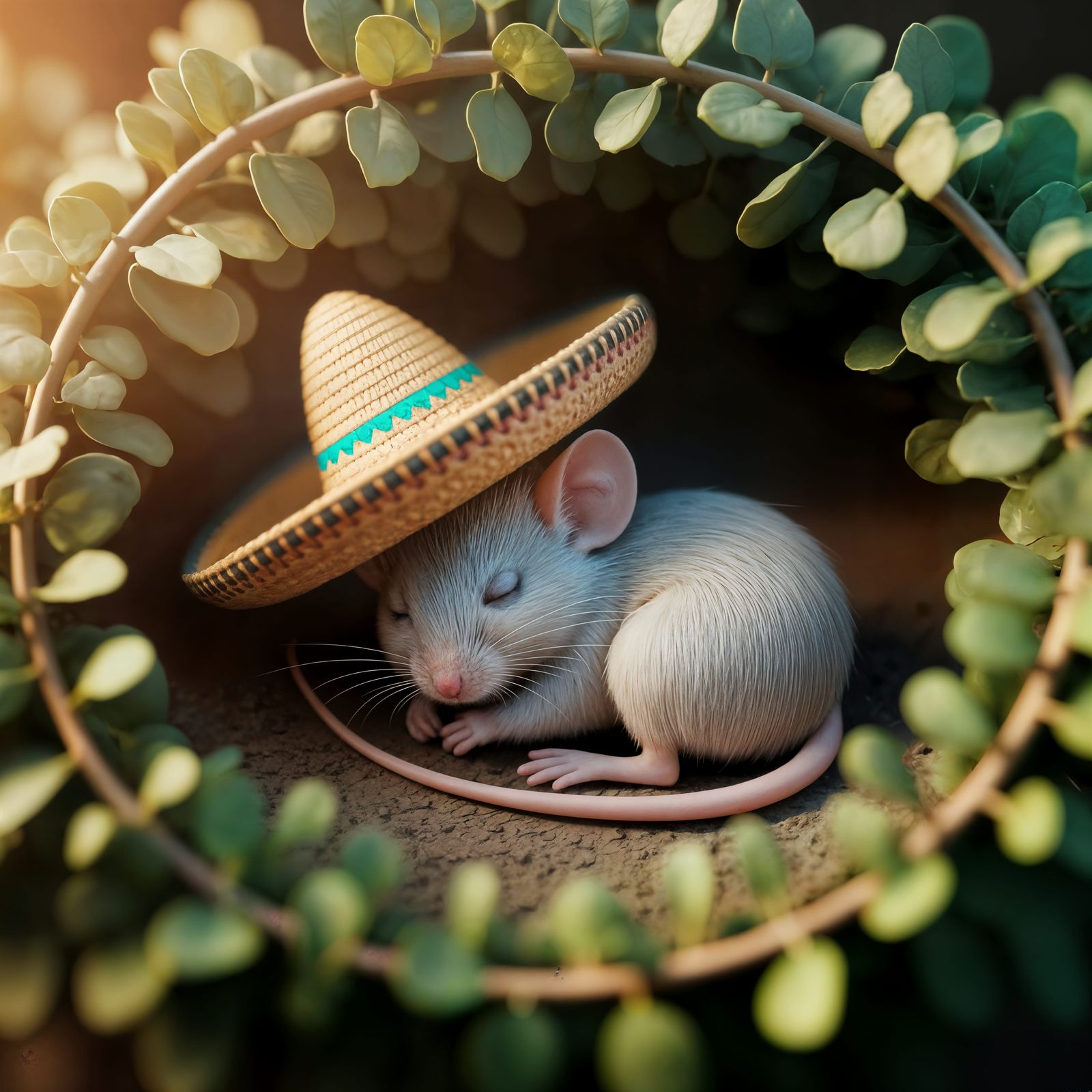 Sleeping Mouse in Sombrero Among Sunlit Greenery