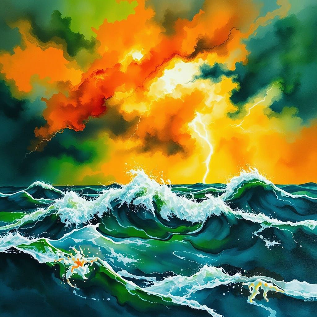 Surreal Neon Seascape: Watercolour Storm Painting