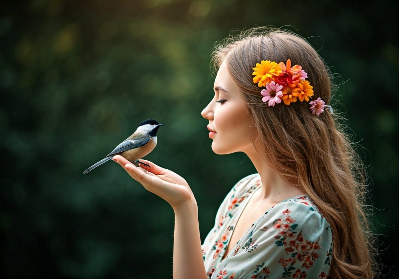 Woman Kisses Chickadee in Hyper-Realistic Sunlight