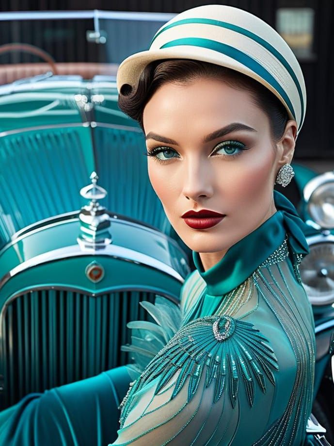 1930s Woman with Teal Eyes in Chic Dress