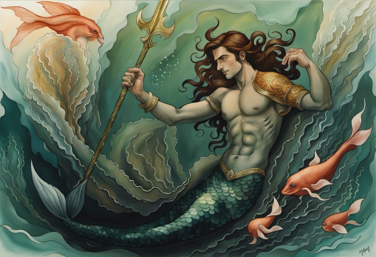 Male Mermaid Portrait in Watercolor Style