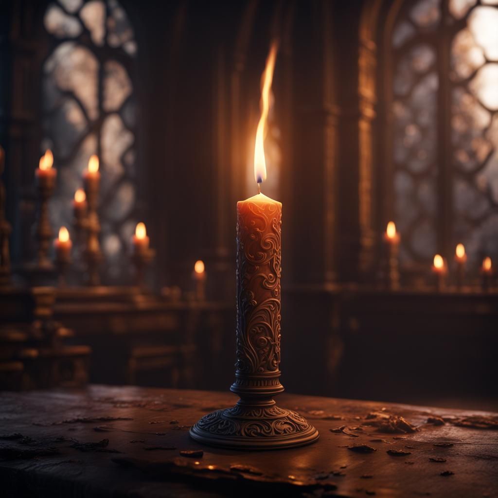 Single Candle Burns in Dark Room: Fantasy Art