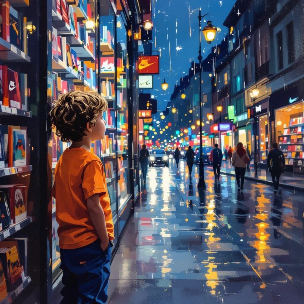 Child Gazes at Nike Store Window with Wonder