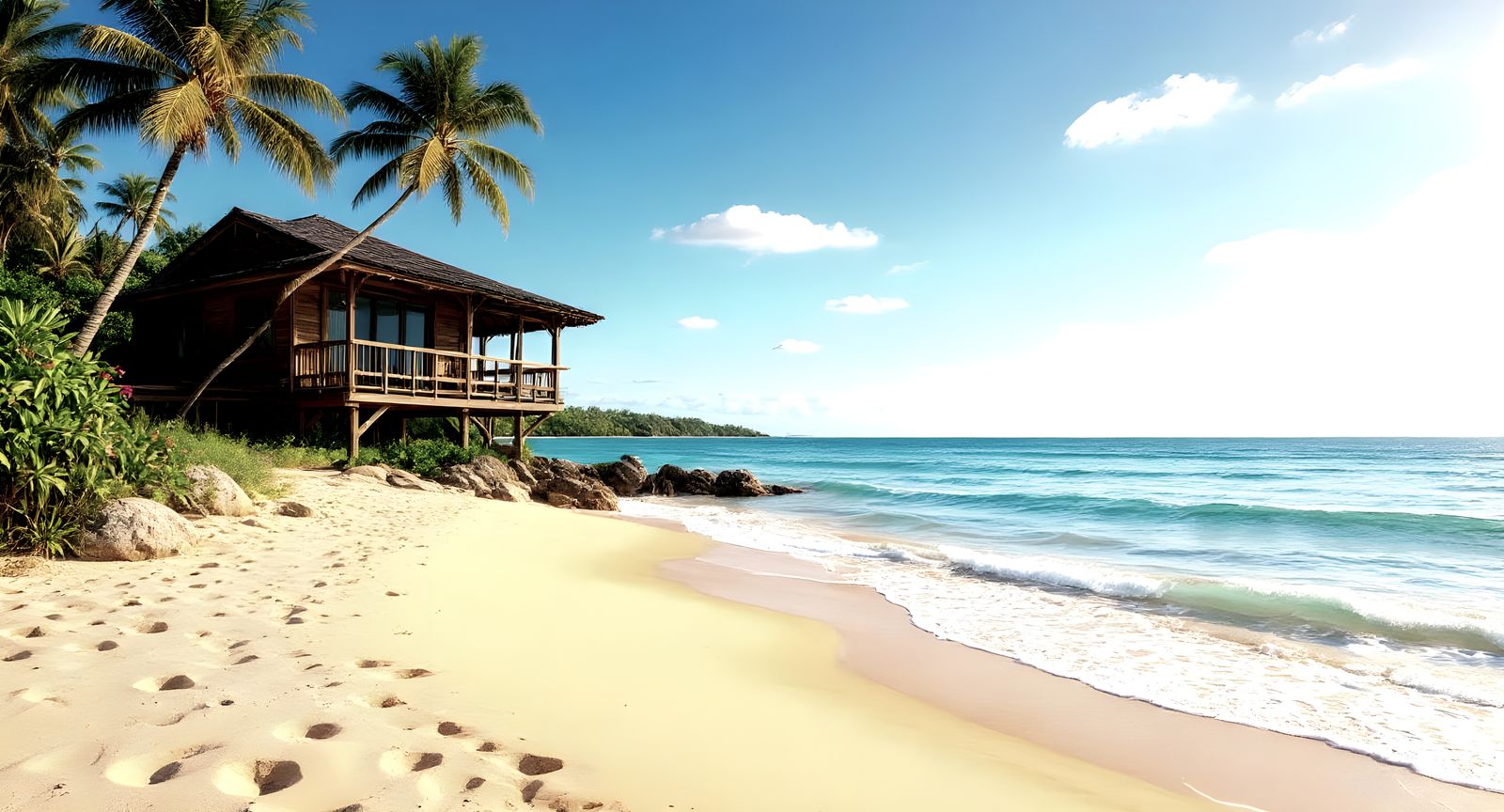 Golden Beach Resort Cabin at Sunset, Impressionistic Paintin...