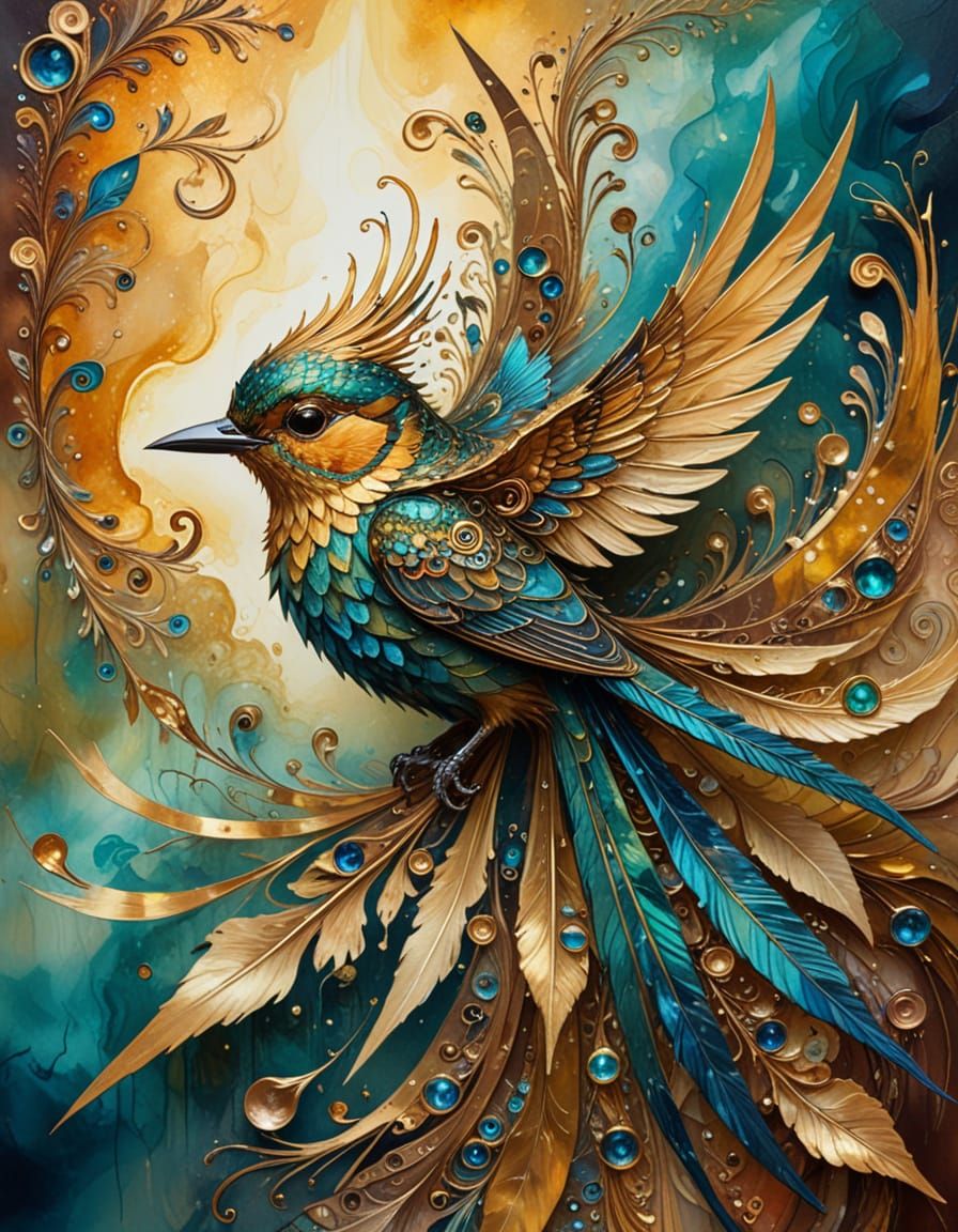 Surreal Bird Painting with Golden Tendrils and Kaleidoscope ...