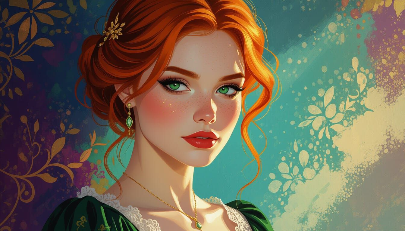 Hyperrealistic Redhead with Green Eyes in Splash Art Style