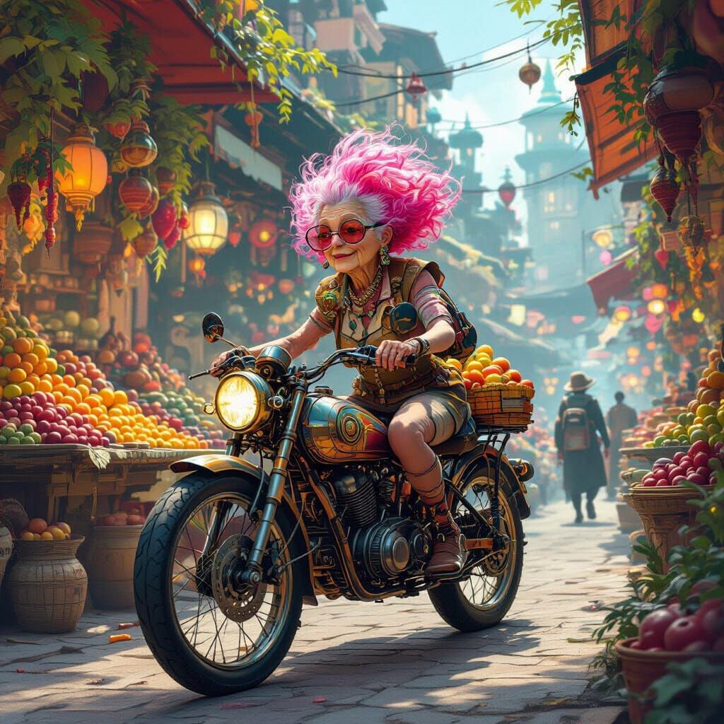 Whimsical Pink-Haired Lady Rides Steampunk Bike in Alien Mar...
