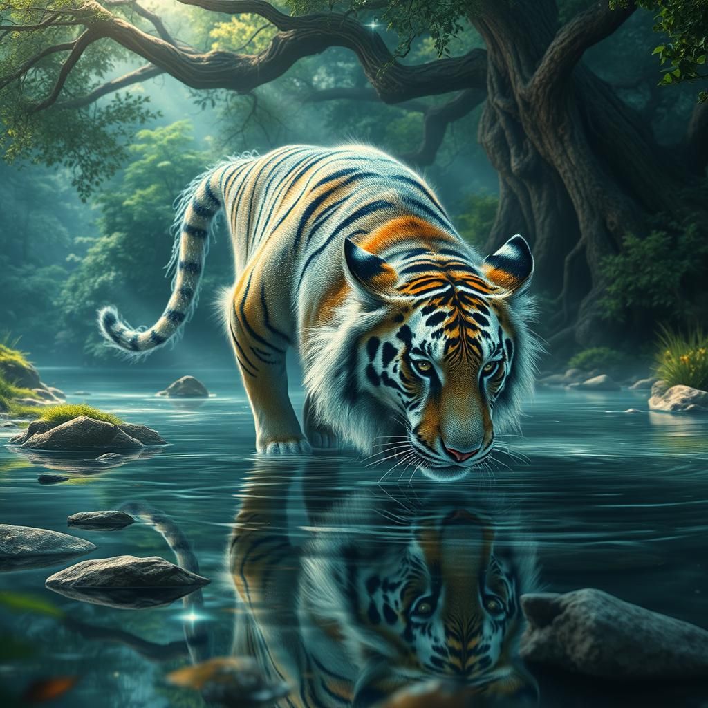 Celestial Tiger Drinking: Epic Digital Matte Painting