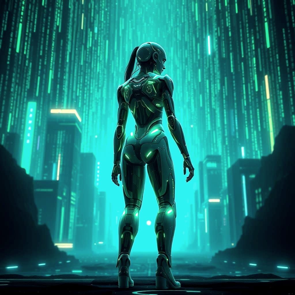 Cyborg Woman in Luminescent Cyberpunk Matrix